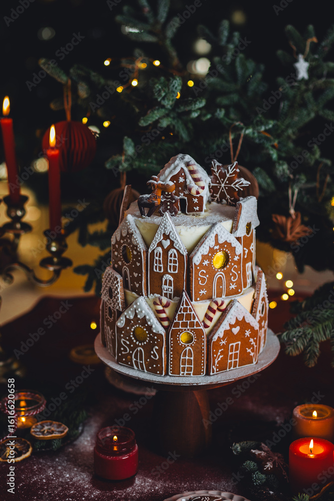 Ταπετσαρία Elegant luxury Christmas table setting for family home party with homemade big gingerbread house, holiday celebration