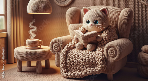Yarn cat character enjoying book in cozy knitted setting  