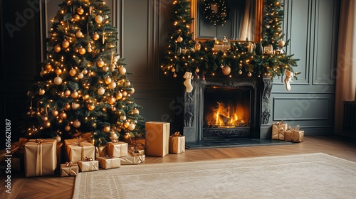 Elegant Christmas Decorations With a Beautifully Lit Fireplace and Stunning T...