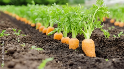 Carrots Growing in Rich Soil on a Sunny Day in a Vibrant Vegetable Garden.