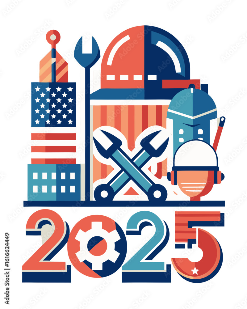 Obraz premium Labor Day flat vector illustration featuring a hard hat, American flag, and crossed wrenches, symbolizing dedication to the workforce and celebration of labor achievements