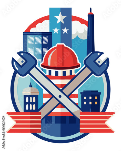 Labor Day flat illustration featuring a hard hat, American flag, and crossed wrenches, symbolizing dedication and craftsmanship in the workforce, celebrating workers' contributions