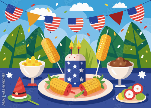 Labor Day. Grilled corn and veggie skewers on a festive plate, surrounded by colorful patriotic confetti and vibrant decorations, perfect for Labor Day celebrations and summer gatherings
