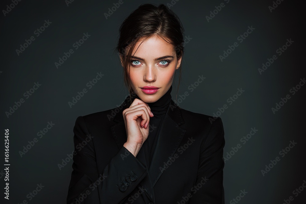 Chic studio portrait of a stylish young woman in a black suit Chic studio portrait of a stylish young woman in a black suit