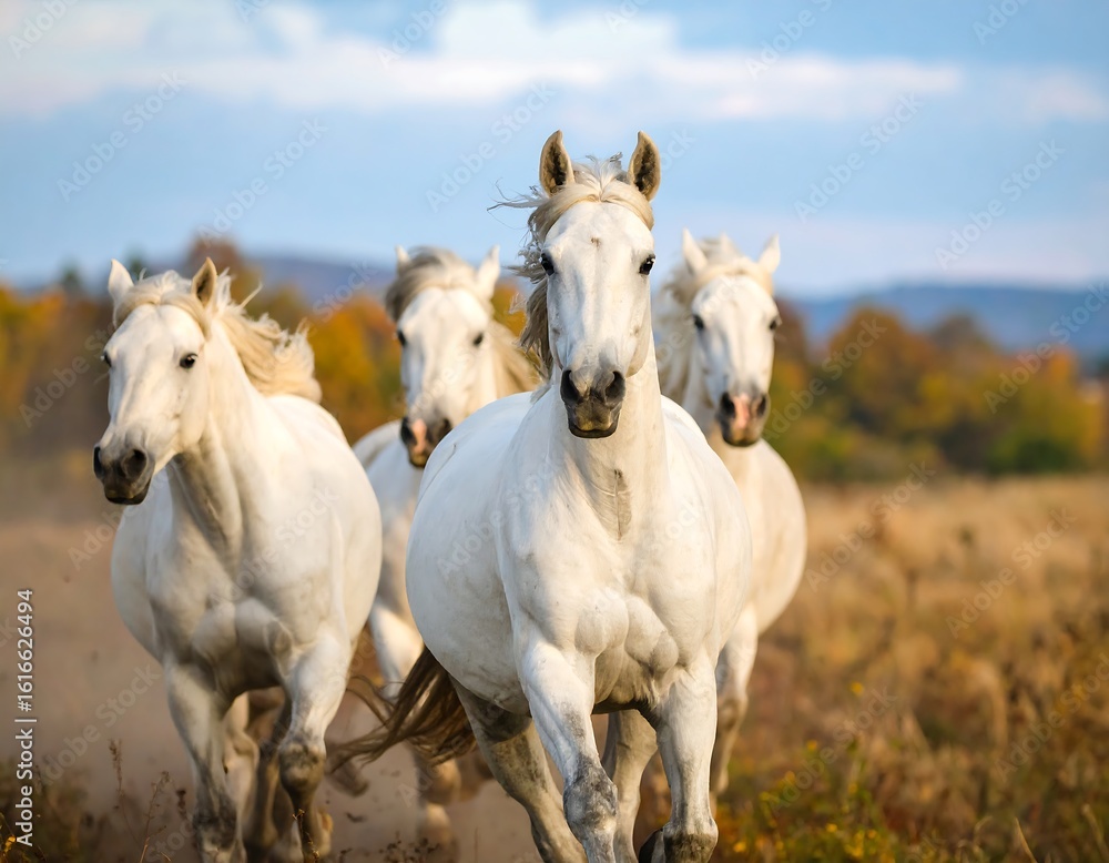 Obraz premium White horses galloping in a field