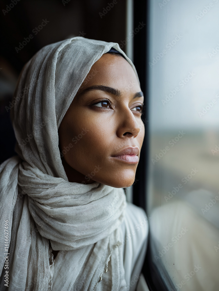 Young Muslim woman in hijab looking thoughtfully out train window, landscape reflecting in glass, serene vertical portrait Young Muslim woman in hijab looking thoughtfully out train window, landscape reflecting in glass, serene vertical portrait