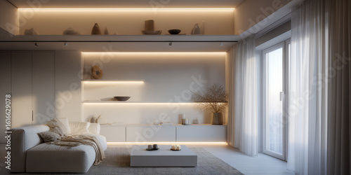Modern Minimalist Living Room with Neutral Tones and Soft Lighting