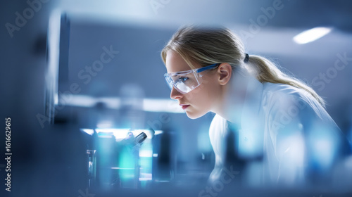 Focused Female Scientist Working with Microscope in Modern Laboratory