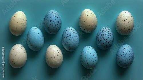 Colorful Speckled Eggs Arranged on a Blue Background Ready for Decoration and...