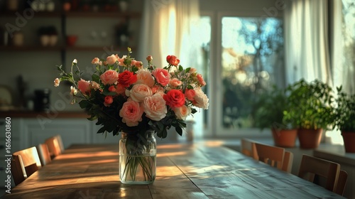 Beautiful Bouquet of Roses Arranged on a Wooden Table in a Cozy Indoor Setting.