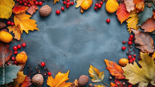 Vibrant Autumn Leaves and Acorns Create a Seasonal Frame on Dark Surface in H...