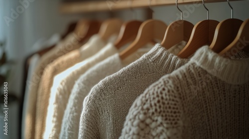 Warm Knitted Sweaters Hanging in a Cozy Clothing Store During a Sunny Afternoon