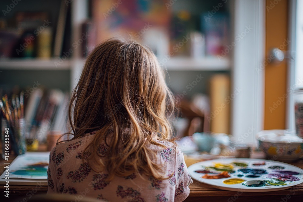 Fototapeta premium Girl painting at home with selective focus and shallow depth