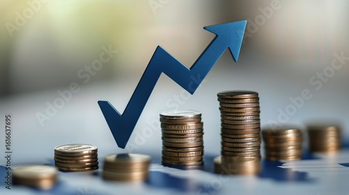 Financial Growth Represented by Coins and an Upward Arrow on a Blurred Backgr...