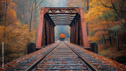 Train Crossing an Old Bridge Surrounded by Colorful Autumn Foliage in a Tranq...
