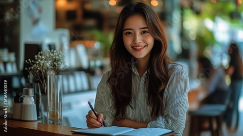 Smiling Woman Writing Notes in a Cozy Cafe During Afternoon Hours