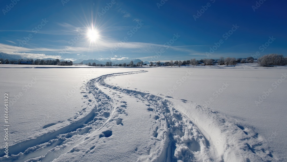 Winter snowshoe trail, sunny alpine valley, mountains background, peaceful scene Winter snowshoe trail, sunny alpine valley, mountains background, peaceful scene