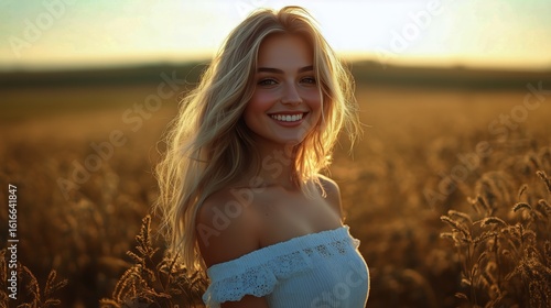 Young Woman Smiles in a Sunny Wheat Field During Golden Hour Under a Clear Sky