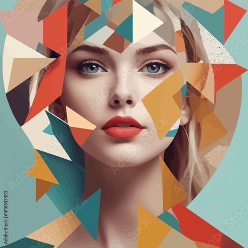 Picture Abstract modern art collage portrait of young woman Trendy paper collage composition