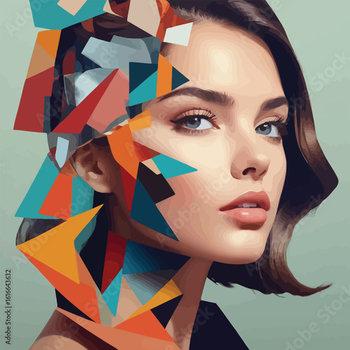 Picture Abstract modern art collage portrait of young woman Trendy paper collage composition