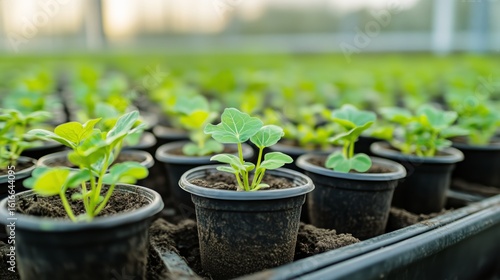 Young Seedlings Grow in Small Pots Under Greenhouse Light in Spring