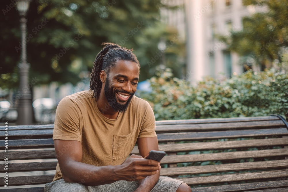 Obraz premium A casually dressed man smiles at his smartphone while seated on a park bench amid urban greenery