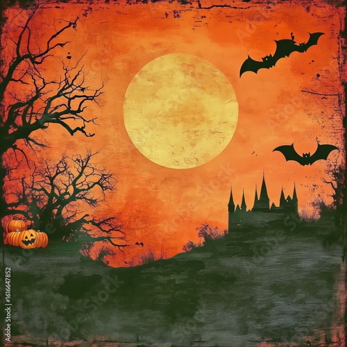 Spooky Castle Silhouette With Bats and Pumpkins During Halloween Evening.