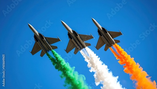 Three fighter jets fly in formation leaving tricolor smoke trails representing the Indian flag during an air show on a clear blue sky day
