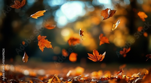 Vibrant Autumn Leaves Swirling in the Air at a Park During a Sunny Afternoon