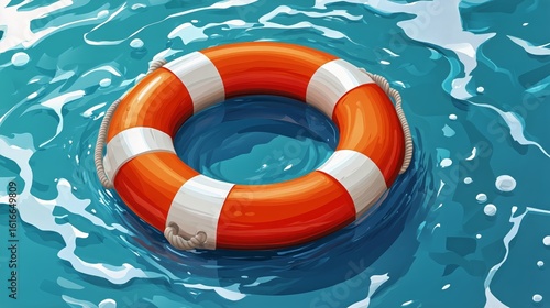Bright Orange Lifebuoy Floating on Clear Blue Water Near the Shore During a S...