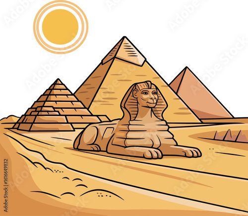 Sphinx and Pyramids Egypt Vector Illustration with Desert Landscape and Sun
