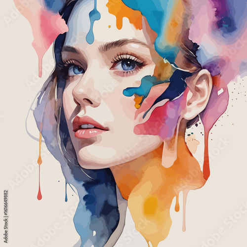 watercolor drop Abstract modern art collage portrait of young woman Trendy paper collage composition