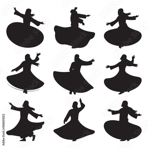 A collection of whirling dervishes silhouettes in motion, isolated on white background, representing sufi spiritual dance and tradition