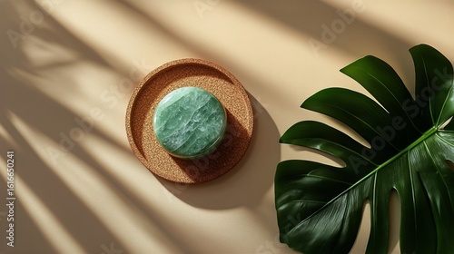 Natural Stone and Tropical Leaf Arrangement on Minimalist Background