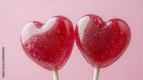Heart Shaped Lollipops With a Bubbly Texture Against a Pink Background