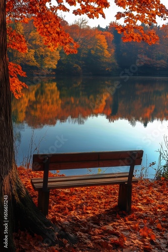 Scenic Autumn View at a Lakeside Park With Vibrant Foliage and a Wooden Bench