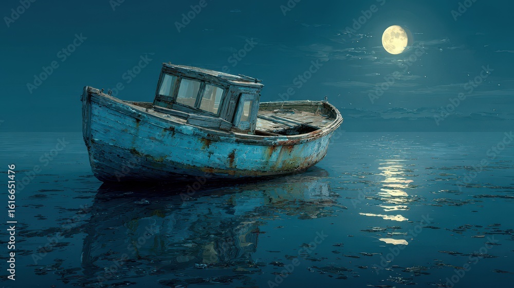 Obraz premium Moonlit Abandoned Boat: Eerie Night Scene with Full Moon Reflection - Nautical and Serene