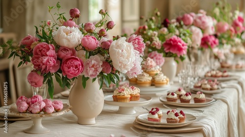 Elegant Dessert Table Adorned With Peonies and Sweet Treats at a Spring Celeb...