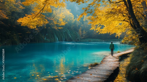 Serene Walk Along a Tranquil Lake Surrounded by Vibrant Autumn Colors in a Pe...