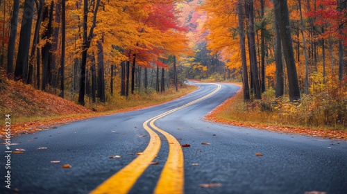Beautiful Winding Road Through Vibrant Autumn Forest With Colorful Leaves in ...