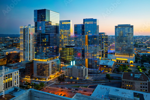 High angle view of the illuminated downtown skyline of Nashville, Tennessee at twilight.