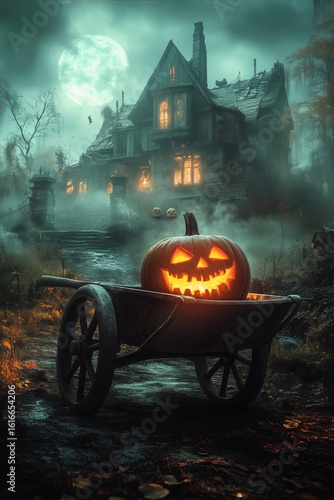 Mysterious Autumn Evening With Carved Pumpkin in Wheelbarrow Near Haunted House