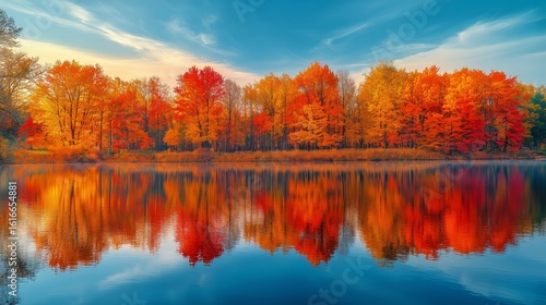 Autumn Sunset Over Calm Lake With Vibrant Trees Reflecting in Water.