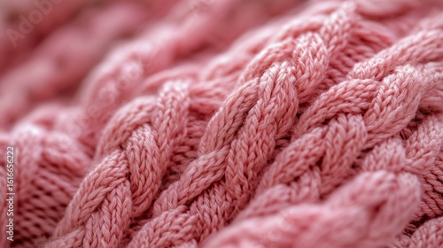 Textured Pink Knitted Fabric Showcasing Intricate Patterns and Warm Cozy Desi...