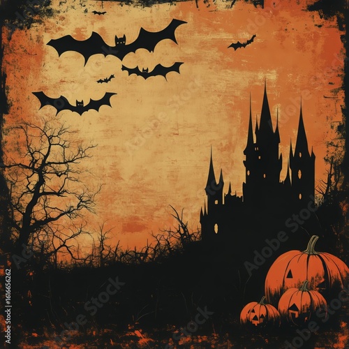 Spooky Castle Silhouette With Bats and Pumpkins During Halloween Evening
