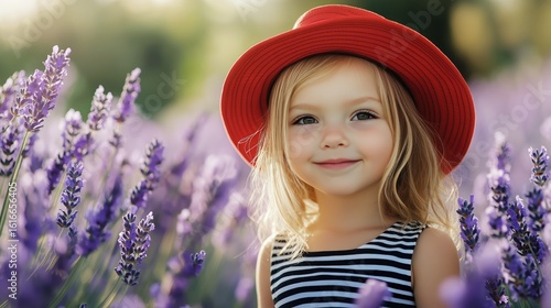 Charming Young Girl Enjoys Lavender Field in Summer Sunshine With Vibrant Red...