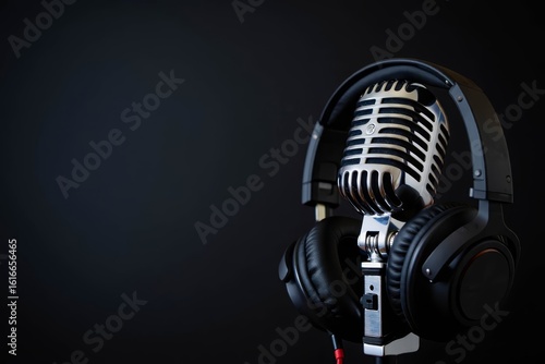 Retro microphone and headphones on table against dark background. Space for text.