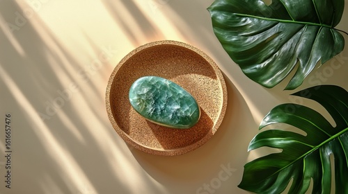 Natural Stone and Tropical Leaf Arrangement on Minimalist Background.