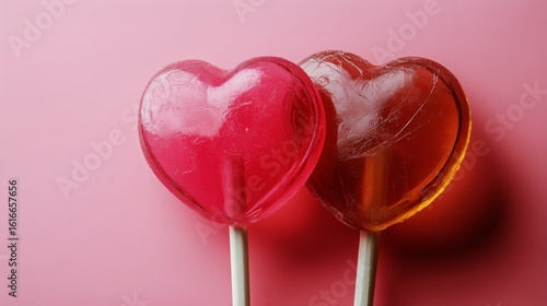 Heart Shaped Lollipops With a Bubbly Texture Against a Pink Background.