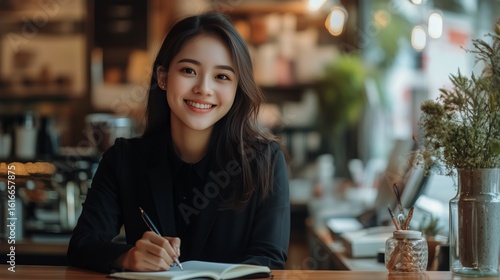 Smiling Woman Working in a Cozy Cafe While Taking Notes at a Wooden Table